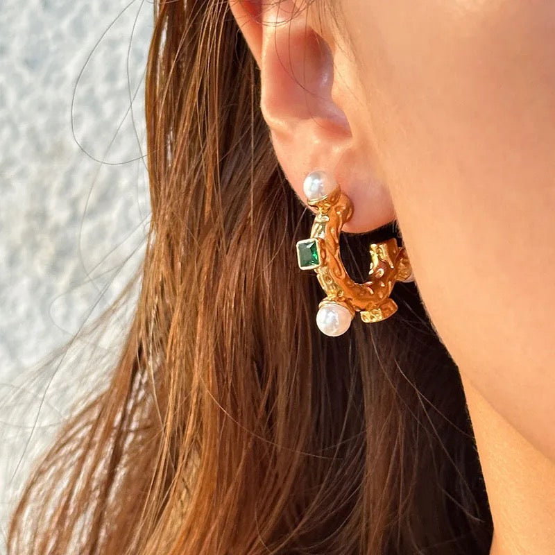 stone pearl c hoop earrings