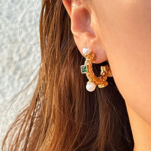 stone pearl c hoop earrings