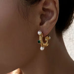 stone pearl c hoop earrings