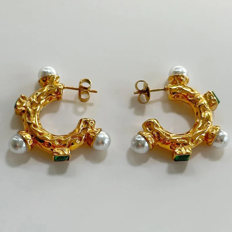 stone pearl c hoop earrings