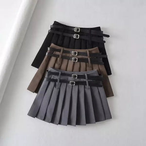 Double Belt Pleated Mini Skirt